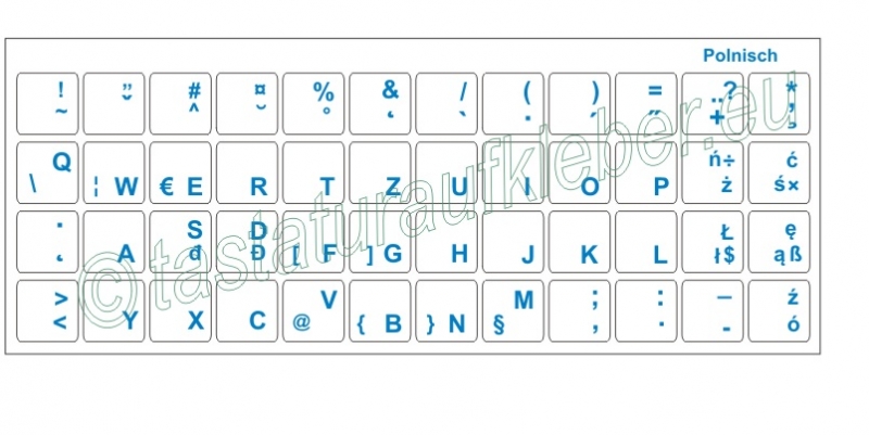 Tastaturaufkleber POLNISCH, transparent, Schriftfarbe BLAU