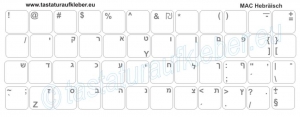 Tastaturaufkleber Hebräisch, weisse Schrift, transparenter Hintergrund, für Mactastatur