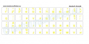 Tastaturaufkleber Deutsch(DVORAK), gelbe Schrift, transparenter Hintergrund