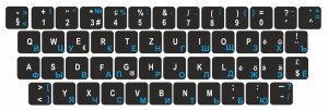 Mac Keyboard Sticker Deutsch–Schweiz–Russisch – Weiß/Blau auf Schwarz – Haupttasten für MacBook & iMac